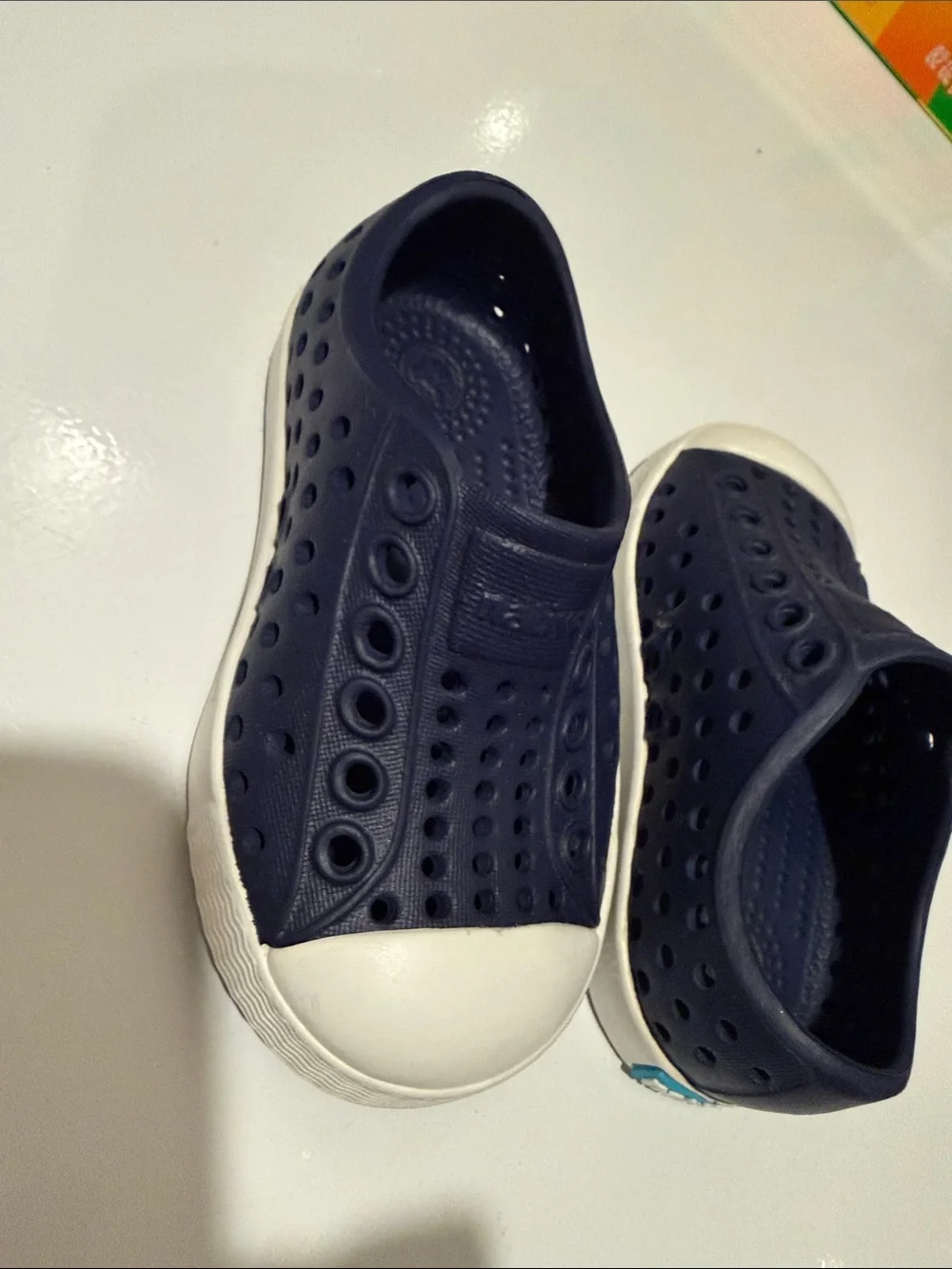 Native Slip-On Kids Water Shoes in Navy and White